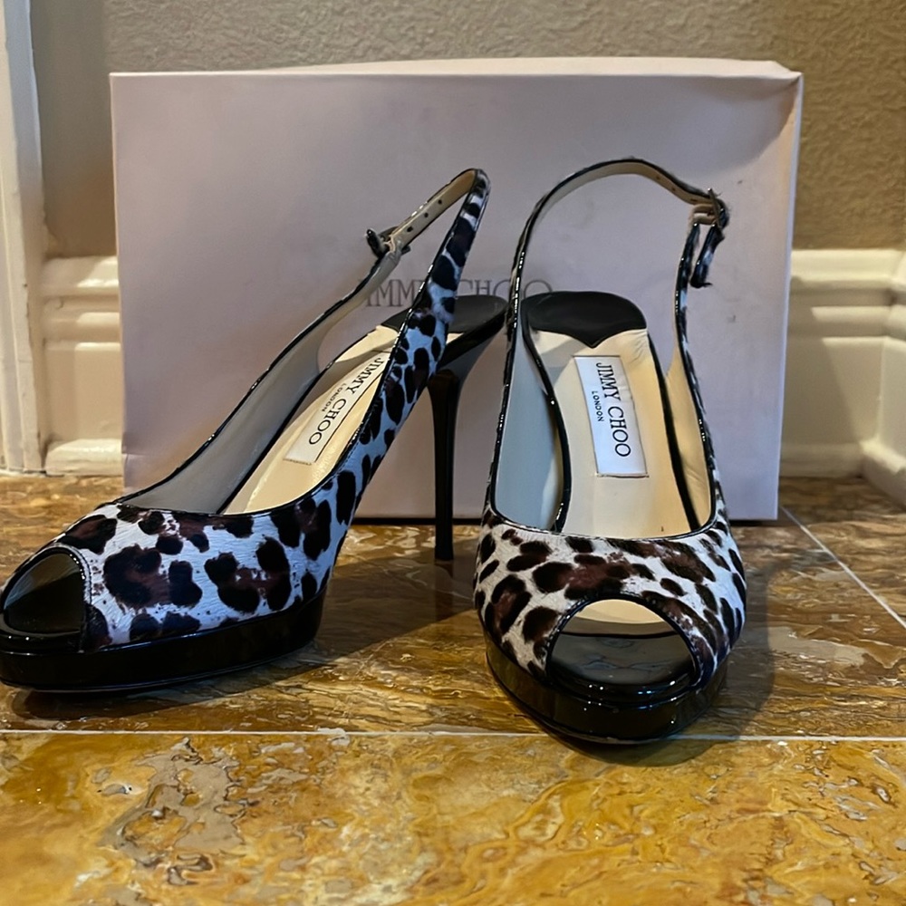 Jimmy Choo leopard print peep toe pumps